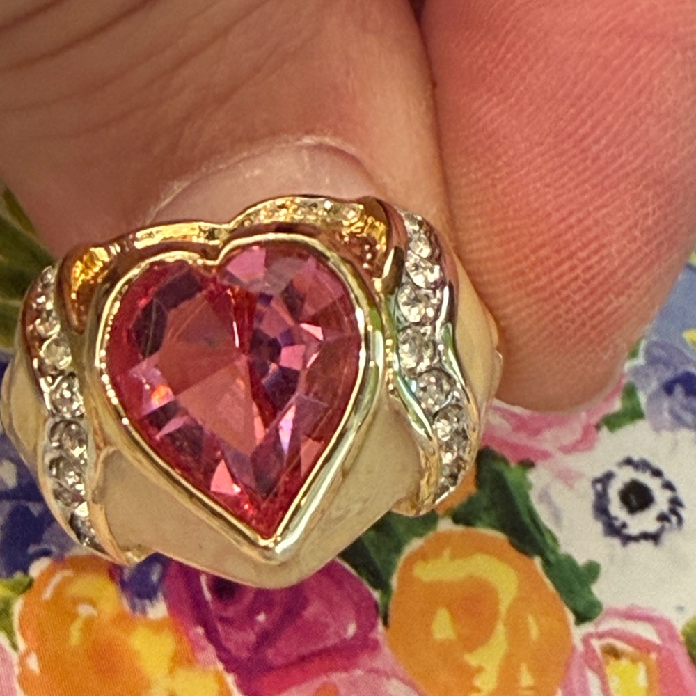 Vintage 14k Gold Plated Espo Enamel Heart Ring Size 8